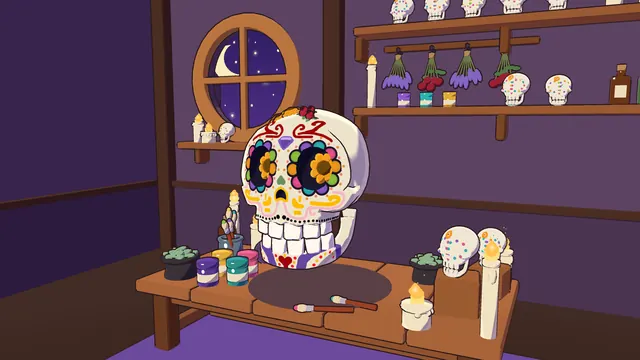 A sugar skull with flower eyes on the workbench